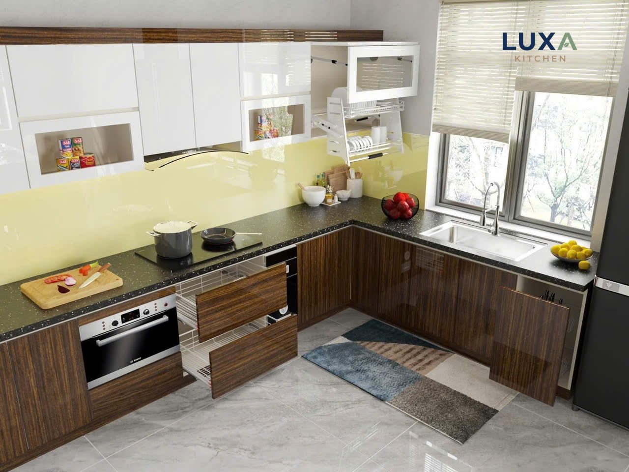 Tủ Bếp Inox Cánh Kính Màu Gỗ