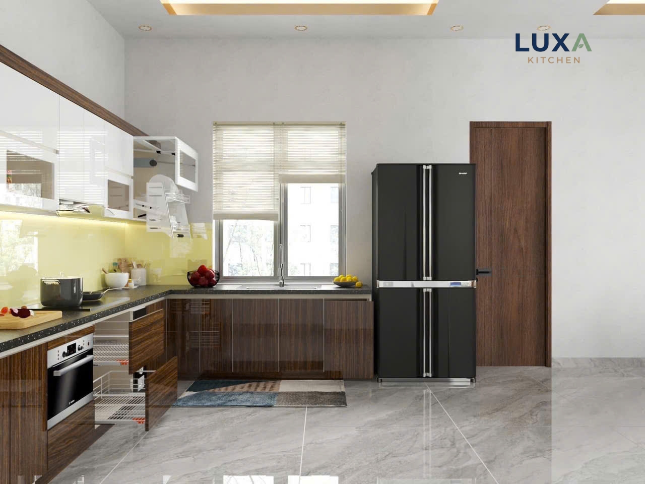 Tủ Bếp Inox Cánh Kính Màu Gỗ_2