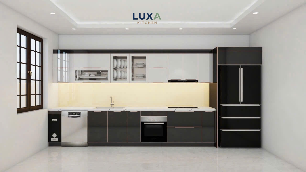 Tủ Bếp Inox Cánh Kính Màu Trắng