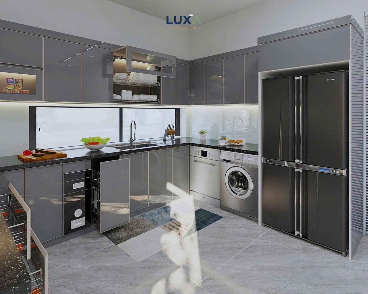 Tủ Bếp Inox Cánh Kính Màu Ghi- MTB 007