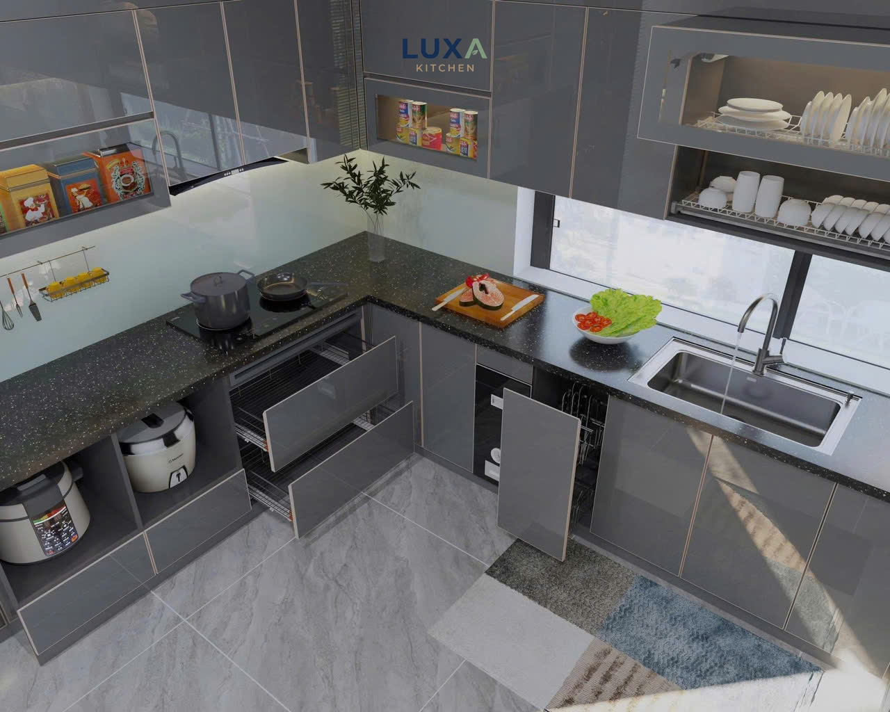 Tủ Bếp Inox Cánh Kính Màu Ghi- MTB 007_2