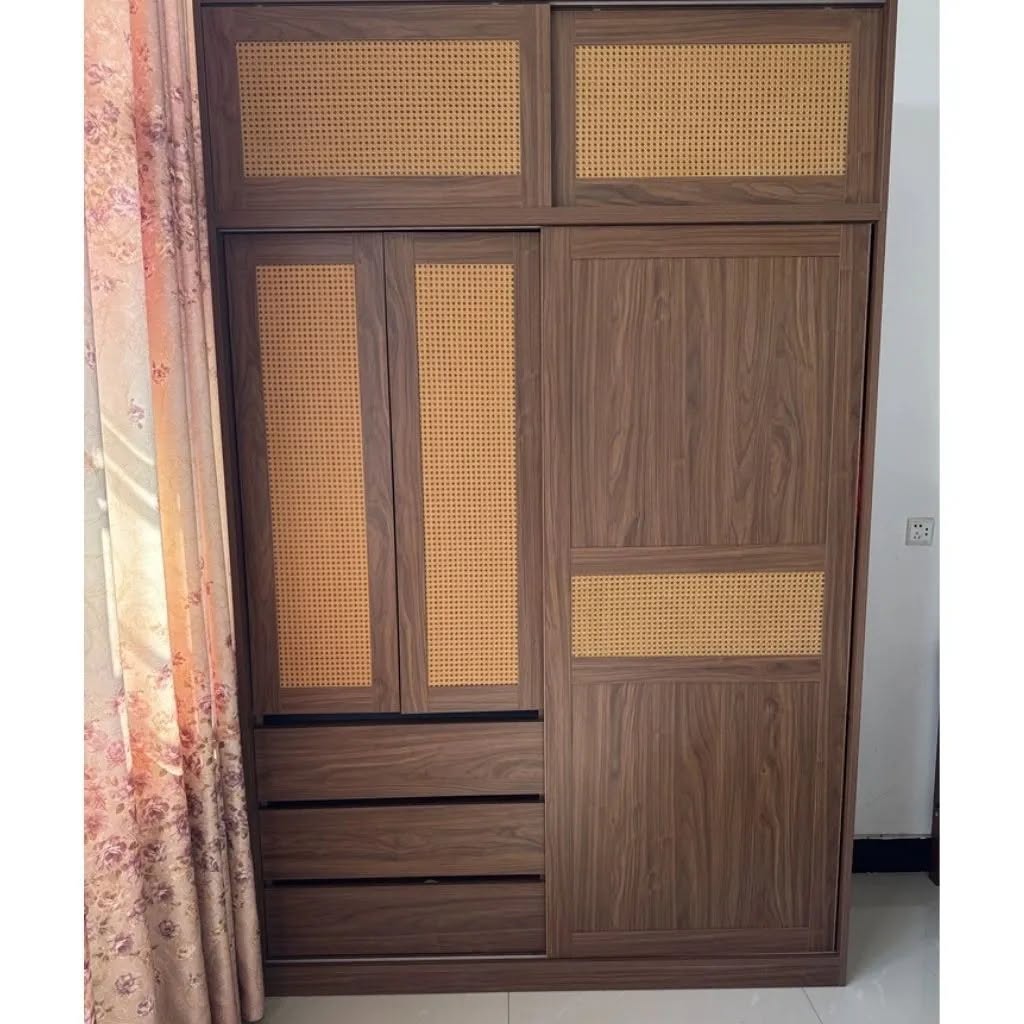 Tủ Quần Áo Cửa Lùa Cánh Mây Dọc Kết Hợp Ngăn Kéo Đa Năng