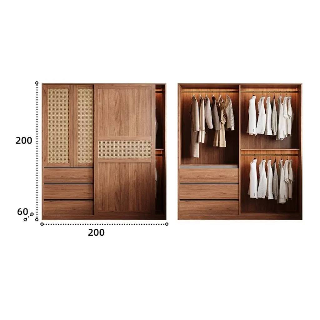 Tủ Quần Áo Cửa Lùa Cánh Mây Dọc Kết Hợp Ngăn Kéo Đa Năng