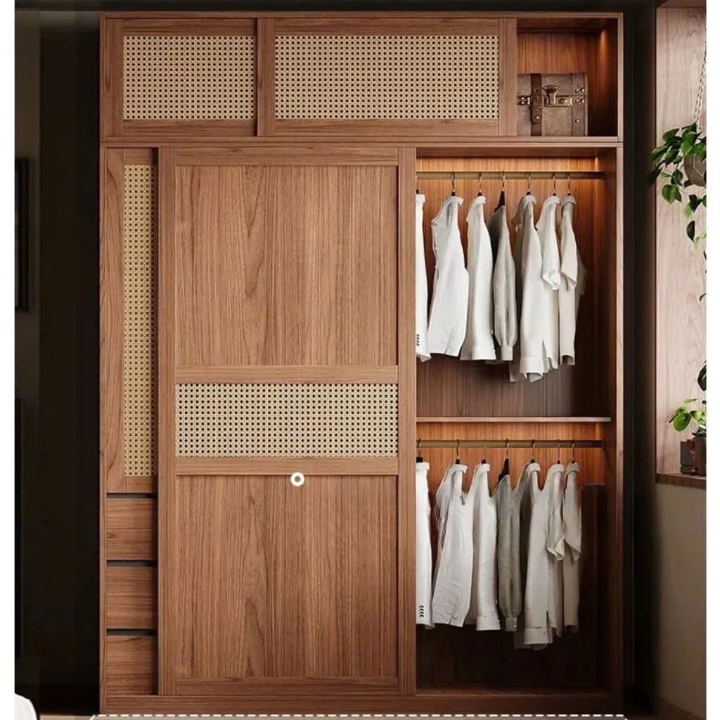 Tủ Quần Áo Cửa Lùa Cánh Mây Dọc Kết Hợp Ngăn Kéo Đa Năng
