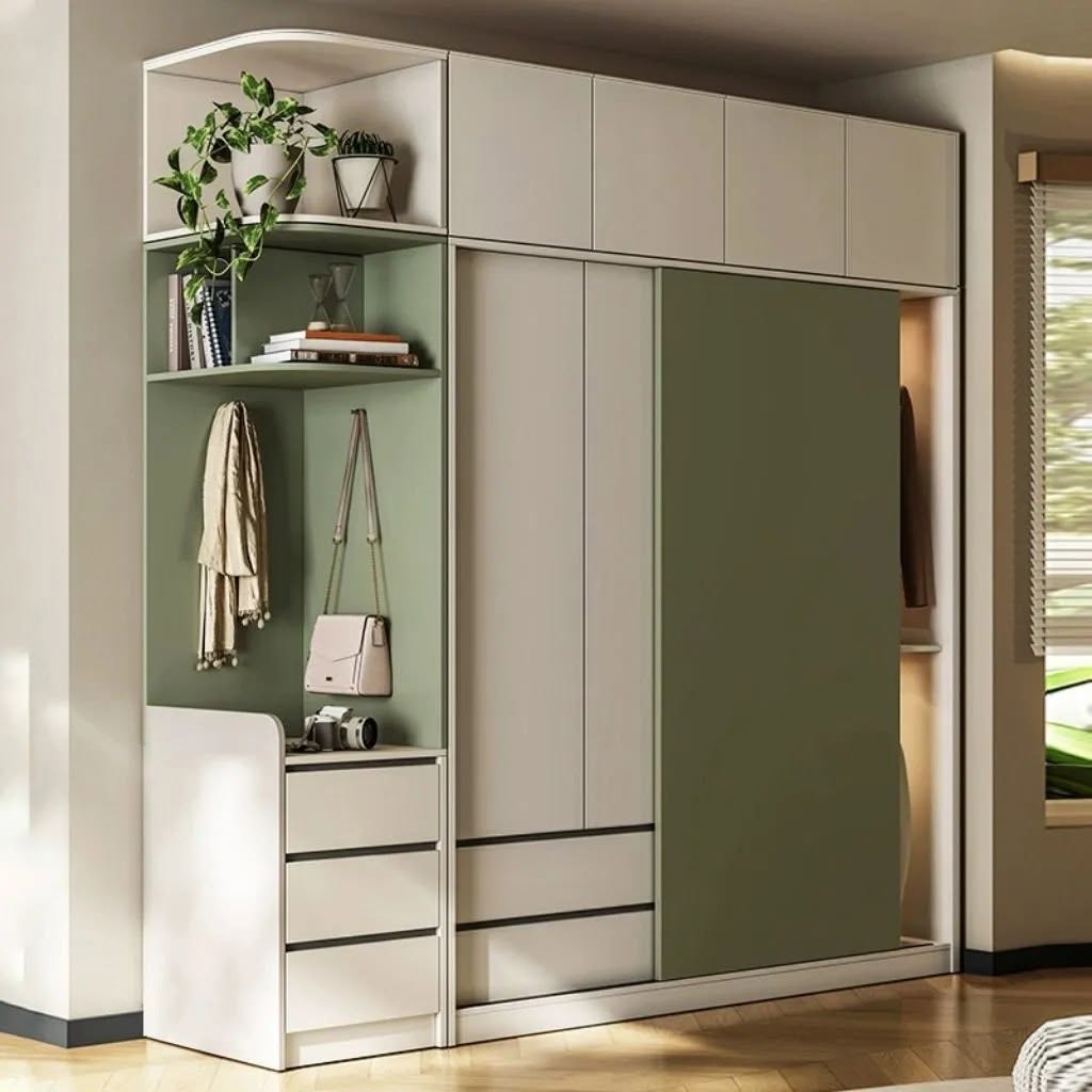 Tủ Quần Áo Cửa Trượt Màu Trắng - Xanh, Có Ngăn Kéo_3