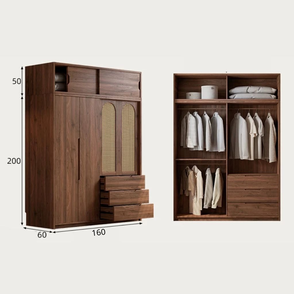Tủ Quần Áo Gỗ MDF Phong Cách Indochine Phối Cánh Mây - Kết Hợp Ngăn Kéo_10