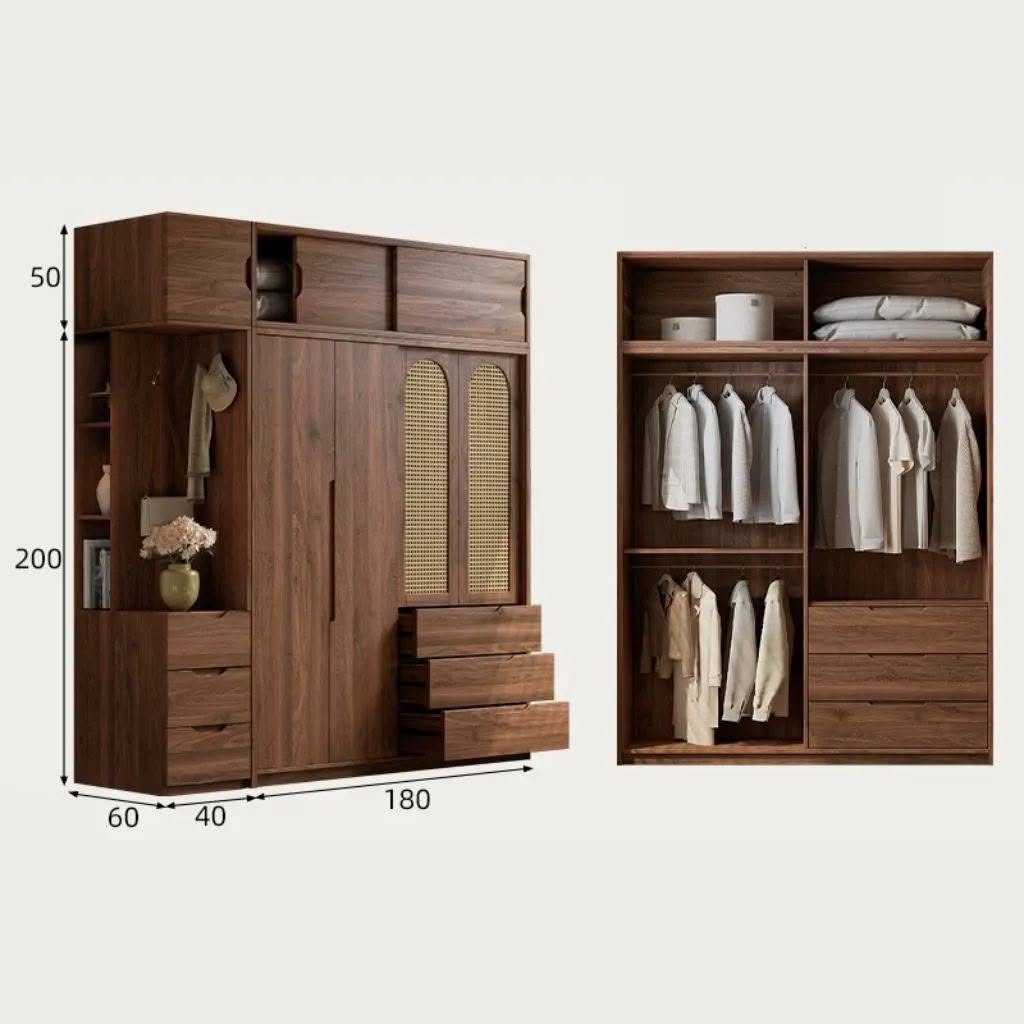 Tủ Quần Áo Gỗ MDF Phong Cách Indochine Phối Cánh Mây - Kết Hợp Ngăn Kéo_13