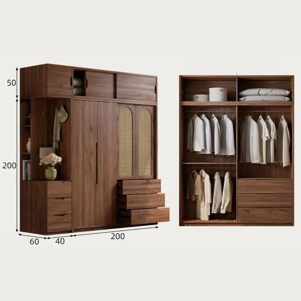 Tủ Quần Áo Gỗ MDF Phong Cách Indochine Phối Cánh Mây - Kết Hợp Ngăn Kéo_14