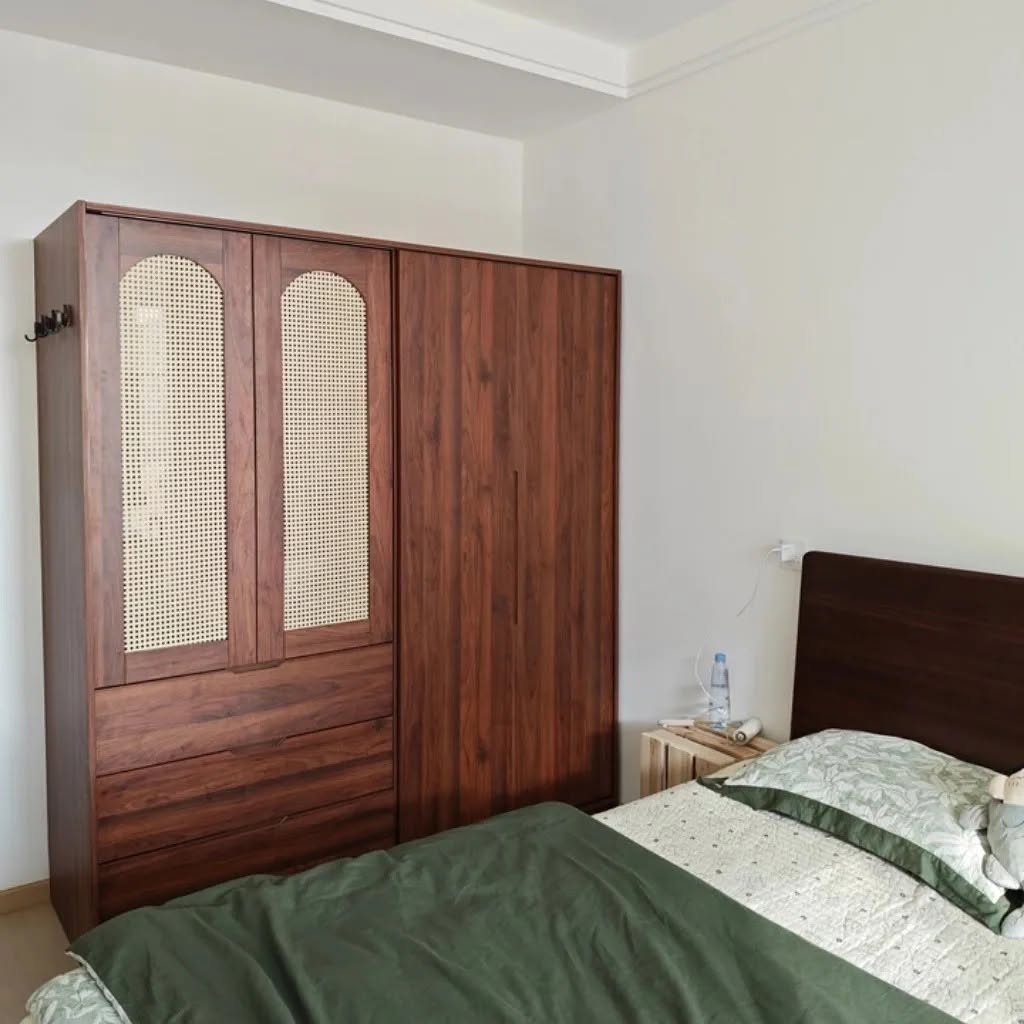 Tủ Quần Áo Gỗ MDF Phong Cách Indochine Phối Cánh Mây - Kết Hợp Ngăn Kéo_5