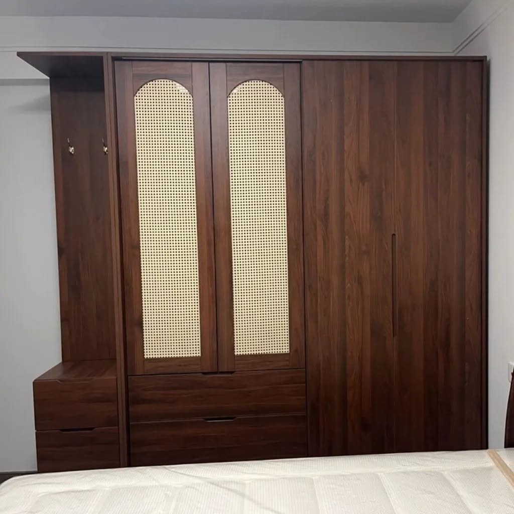 Tủ Quần Áo Gỗ MDF Phong Cách Indochine Phối Cánh Mây - Kết Hợp Ngăn Kéo_7